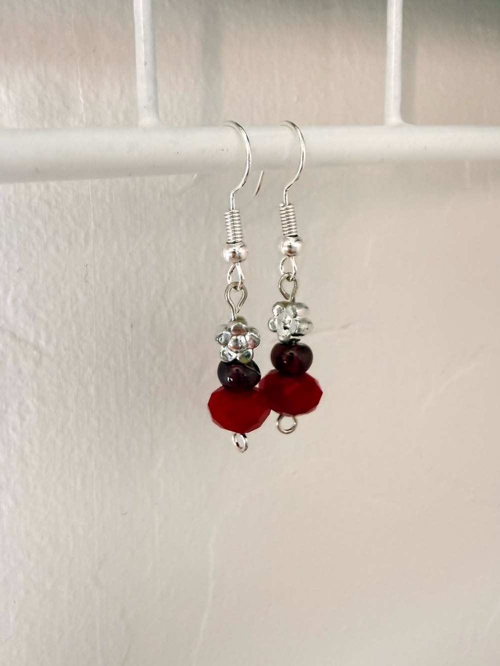 Handcrafted Dainty Elegant Red Bead Flower Drop Dangle Earrings